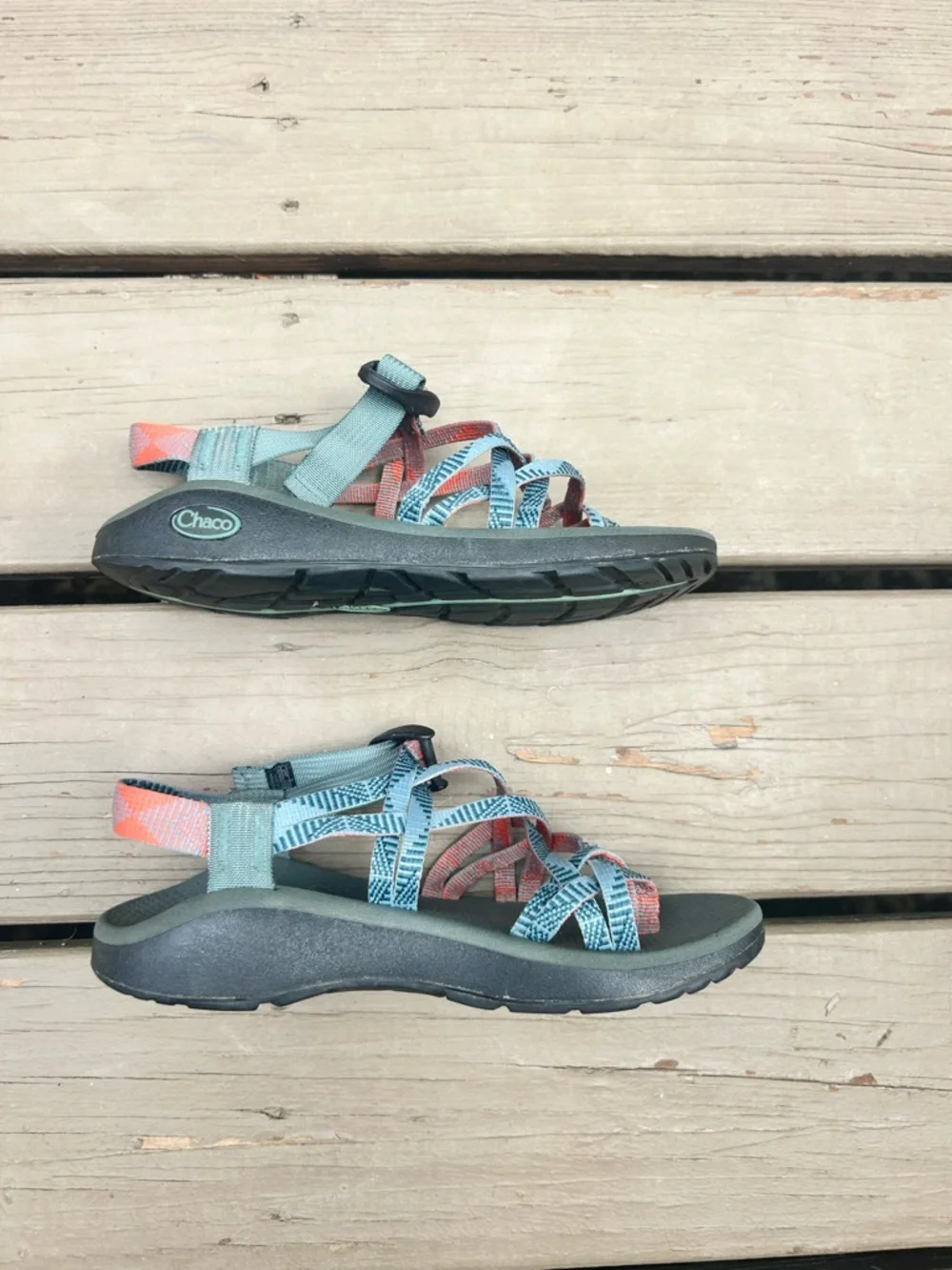 Chaco Teal and Coral Webbing Strapped Sandals | Size EU 38 / US 7